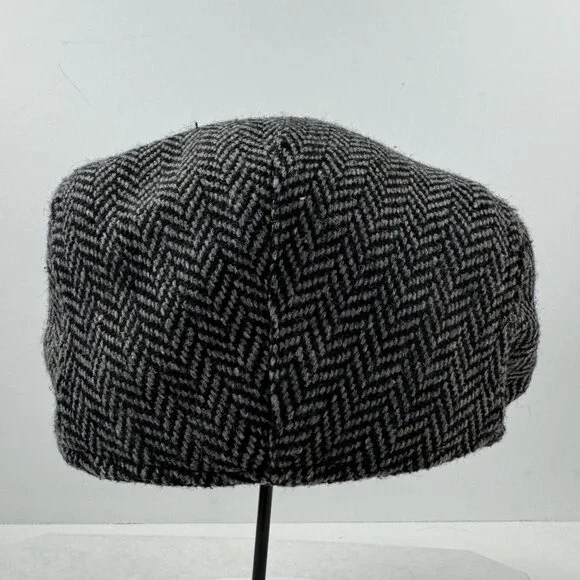 Chaps Mens Herringbone Flat Cap Newsboy Hat Wool Polyester Black Gray S/M - Picture 3 of 8